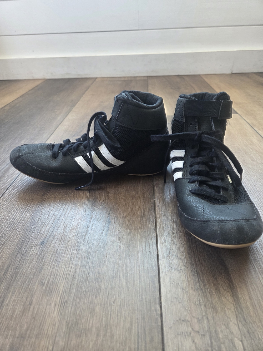 adidas Havoc AQ3327 Black High-Top  Wrestling Shoe With White Stripes.